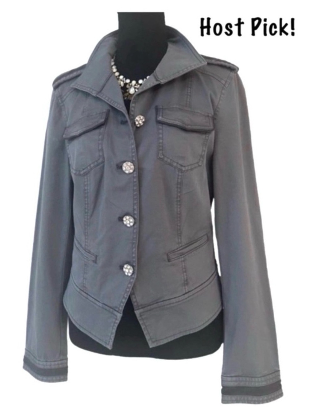 WHBM ~ Charcoal Gray/Green Utility Dress Jacket w/Rhinestone Adorned Buttons